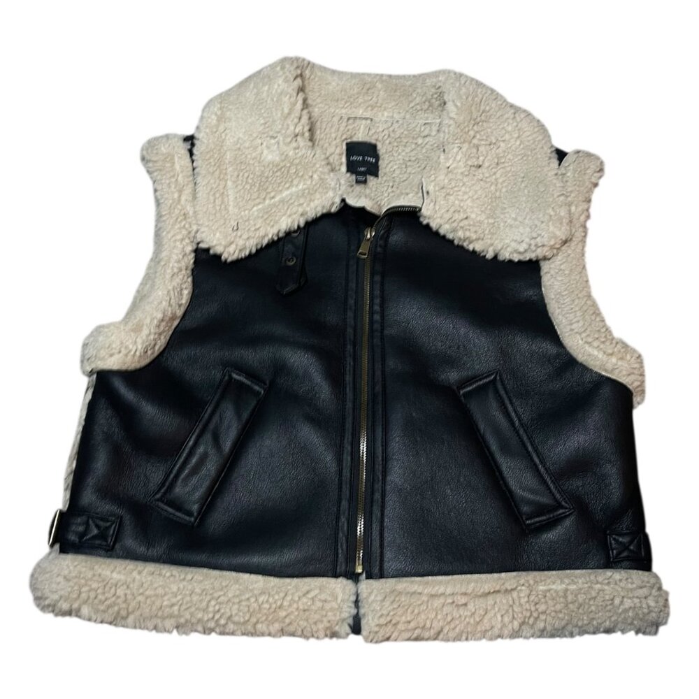 Love Tree Women’s L Faux Leather Sherpa Vest Black Cream Shearling Moto Winter